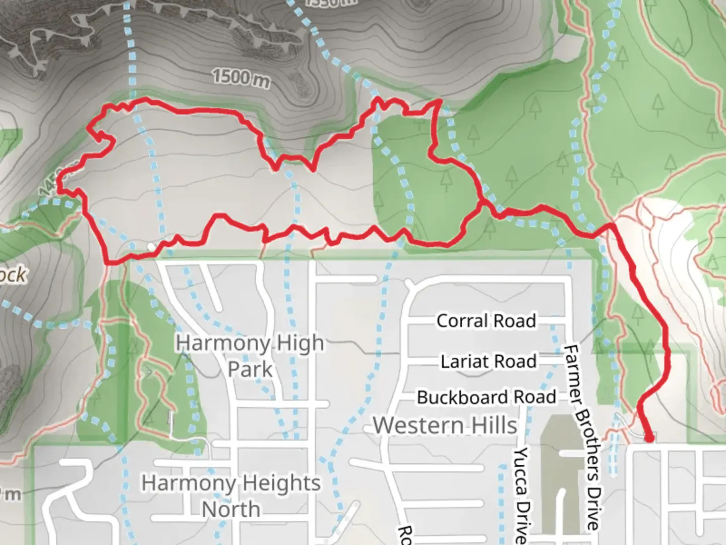 An image depicting the trail Tea Cup, Thunder Mountain and Andante Loop Trail and its surrounding area.