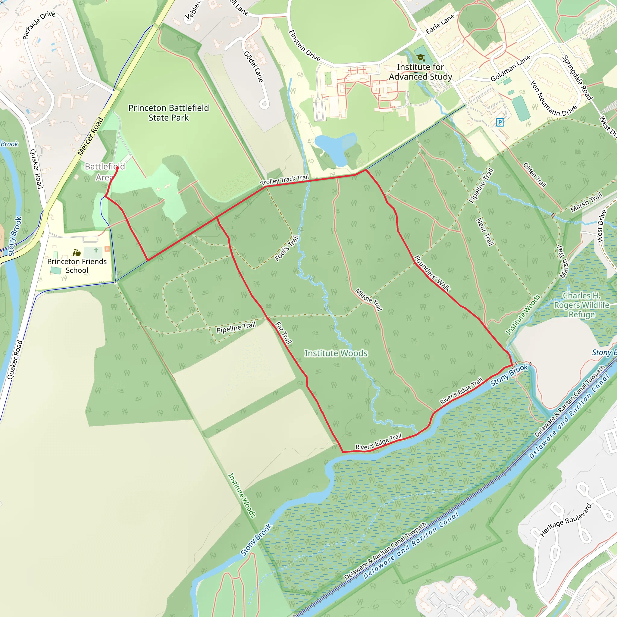 Trolley Track, Founders' Walk and Far Loop Trail mobile static map