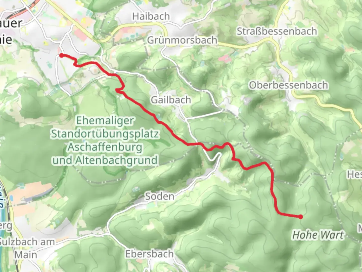 An image depicting the trail Hohe Wart Haus to Schweinheim via Dietz Weg and its surrounding area.