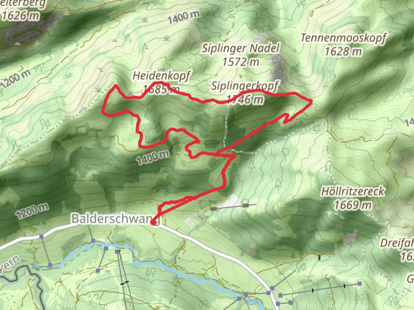 An image depicting the trail Siplingerkopf and Heidenkopf via Oberallgaeuer Rundwanderweg and its surrounding area.