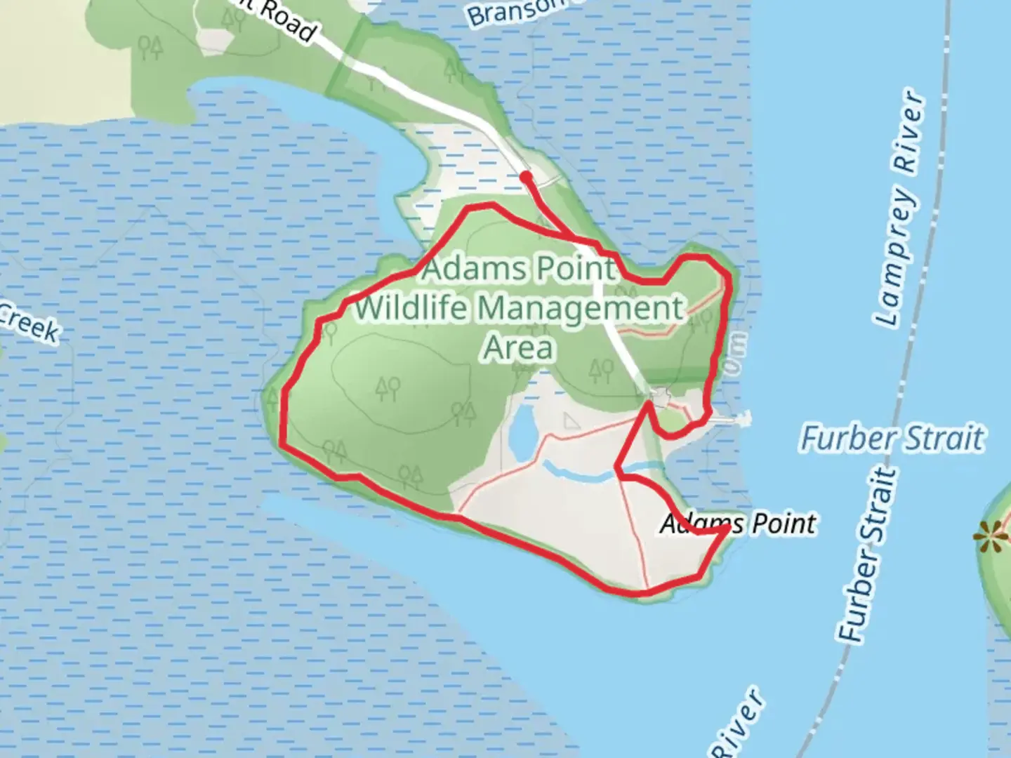 An image depicting the trail Adams Point Wildlife Management Area Loop and its surrounding area.