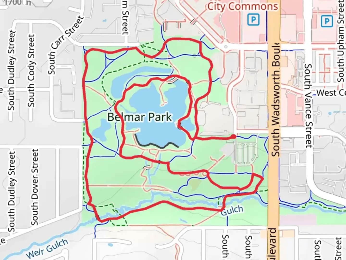 An image depicting the trail Kountze Lake and Belmar Park Loop and its surrounding area.