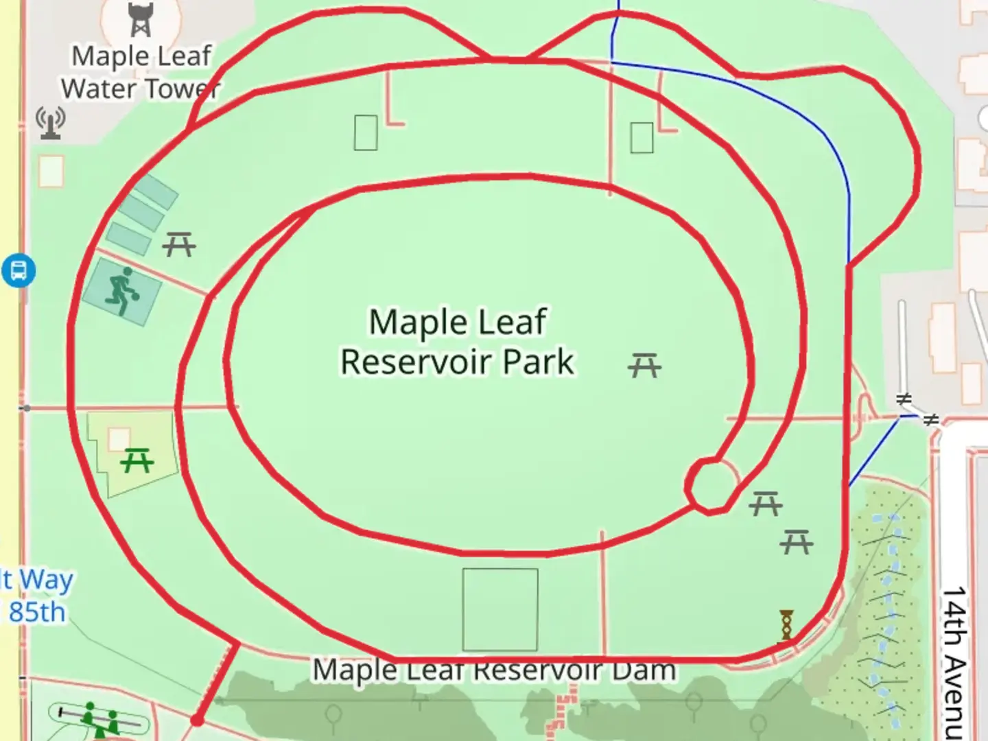 An image depicting the trail Maple Leaf Reservoir Park Loop and its surrounding area.