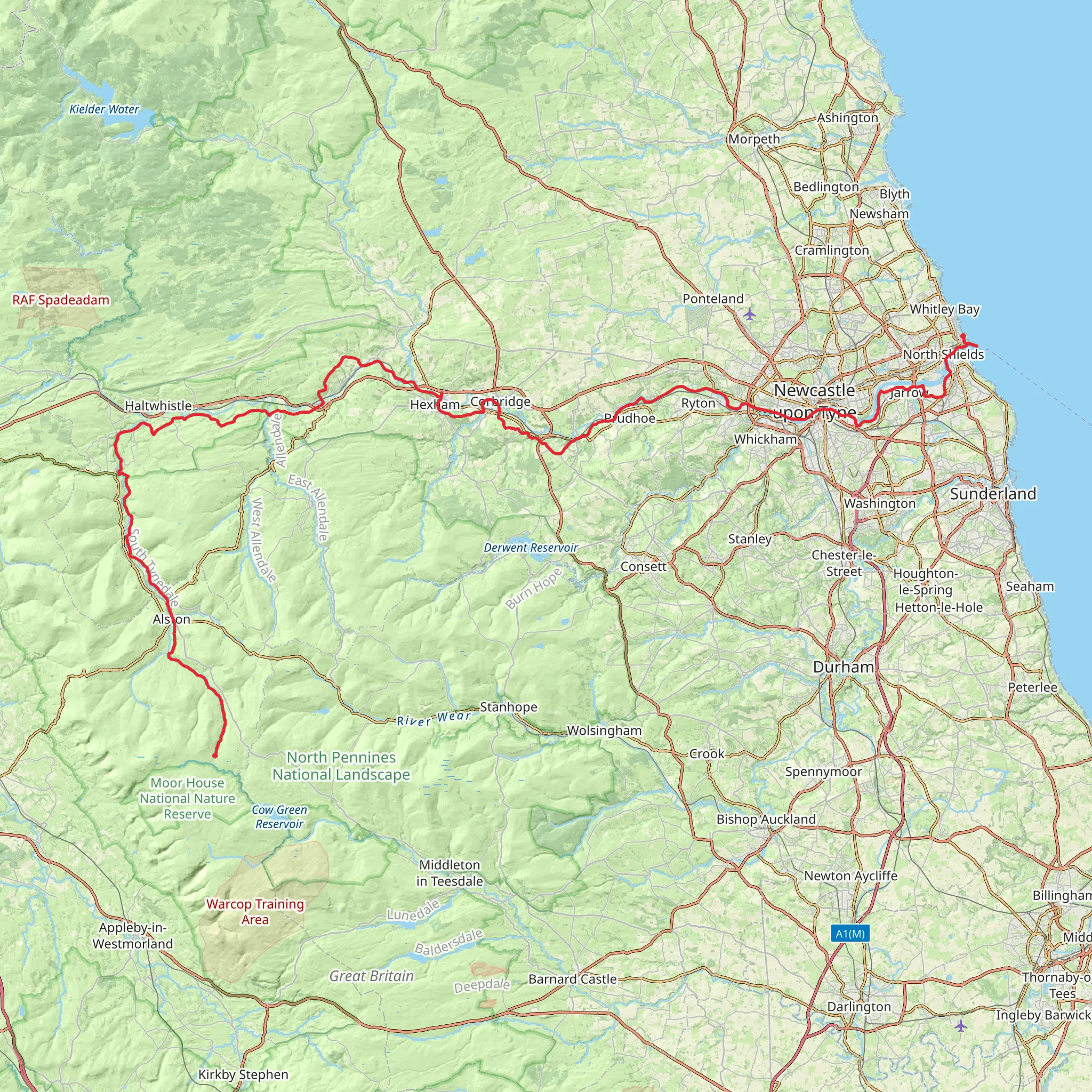 Tynemouth to Tynehead via South Tyne Trail mobile static map