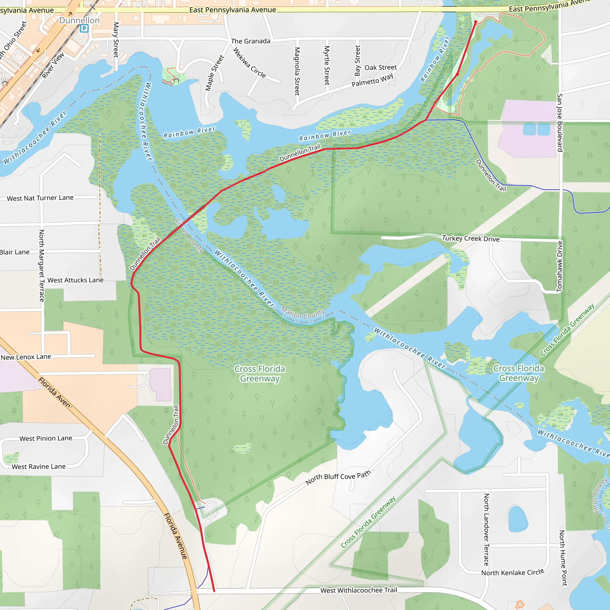 Dunnellon Trail and Cross Florida Greenway mobile static map