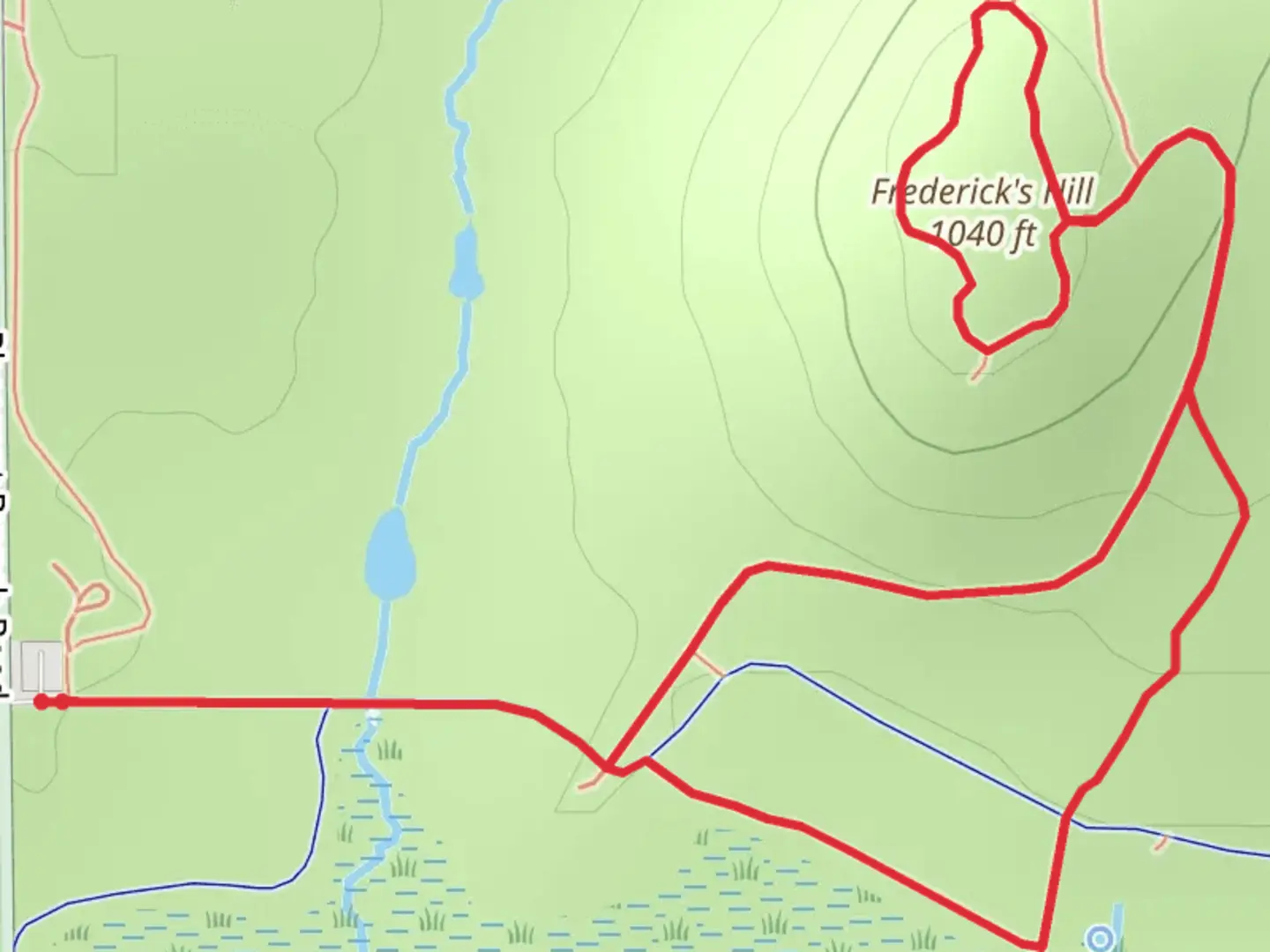 An image depicting the trail Frederick's Hill Loop and its surrounding area.