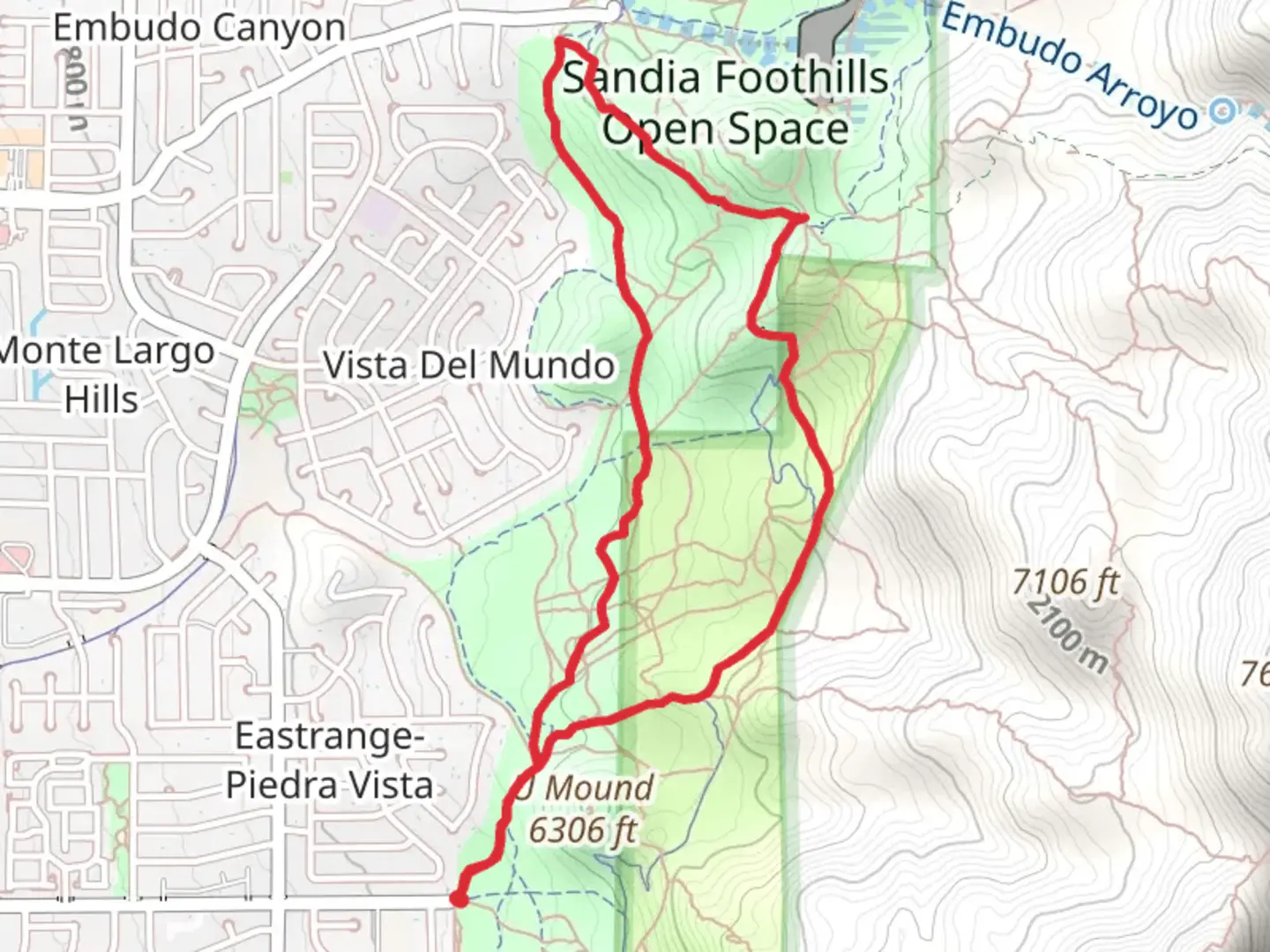 An image depicting the trail Sandia Foothills Open Space Loop and its surrounding area.