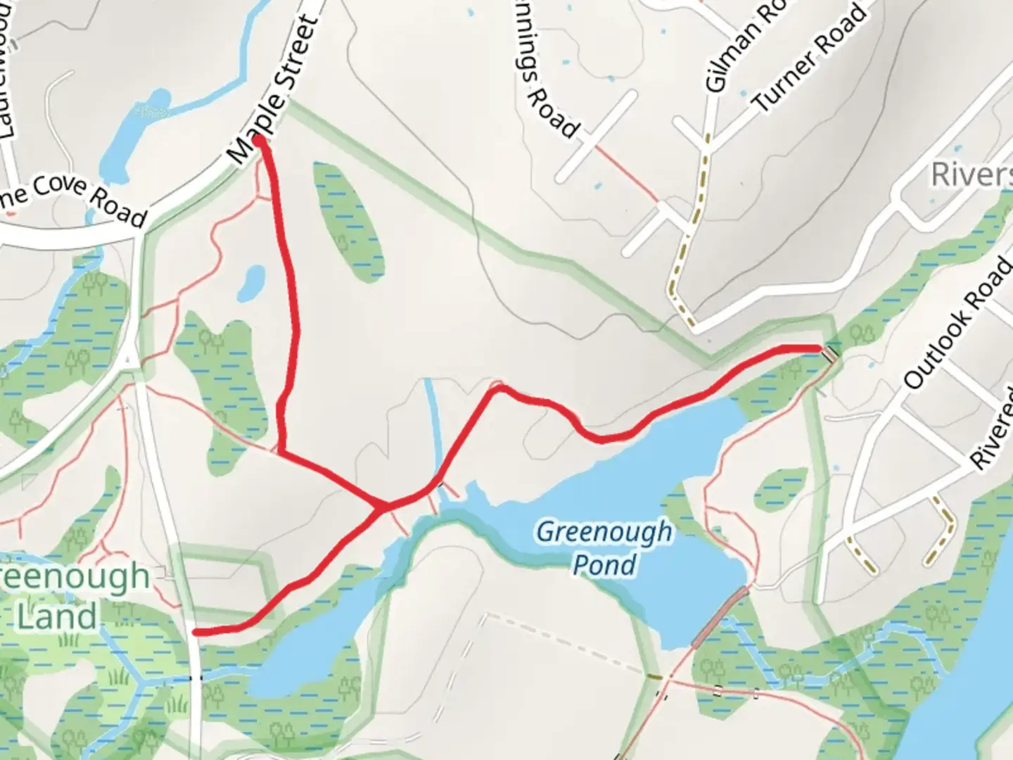 An image depicting the trail Wood Duck Trail and Greenough Trail and its surrounding area.