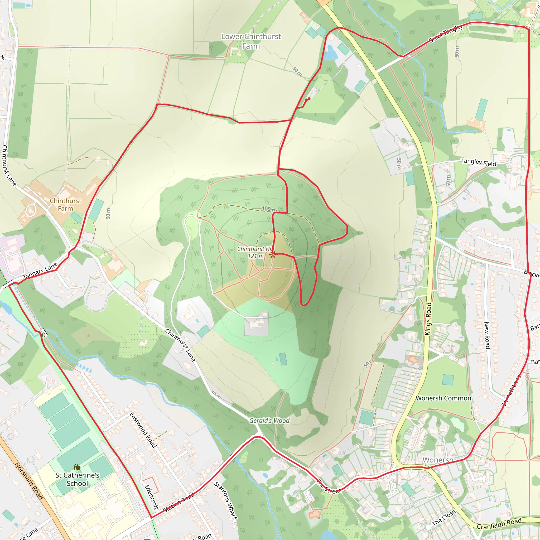 Chinthurst Hill and Wonersh Common via Down Link mobile static map
