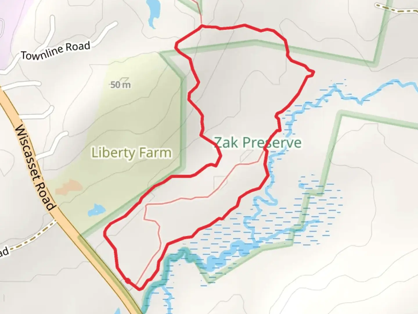 An image depicting the trail White Trail and Yellow Trail Loop via Wiscasset Road and its surrounding area.
