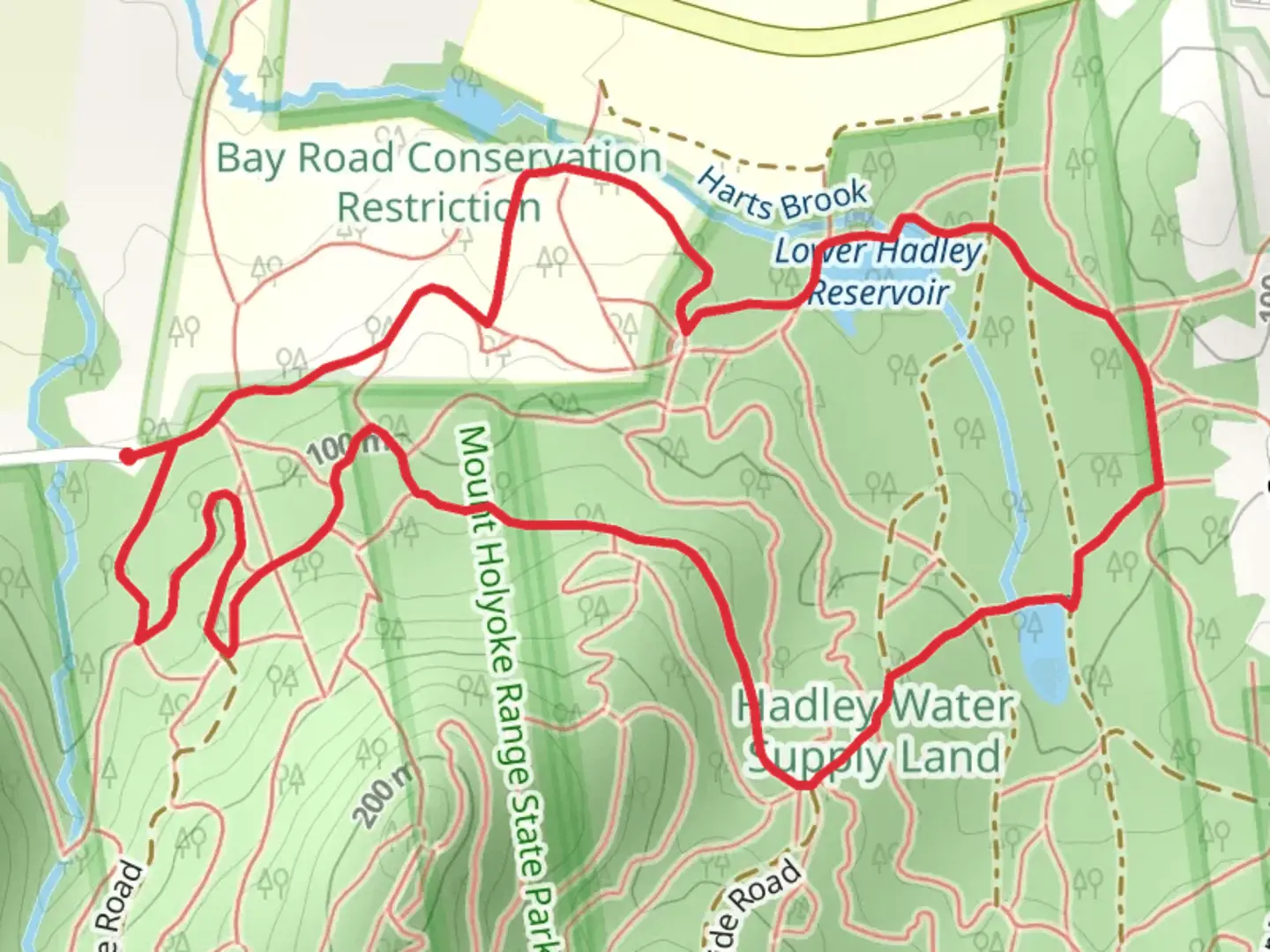 An image depicting the trail Lower Hadley Reservoir and Upper Hadley Reservoir Loop and its surrounding area.