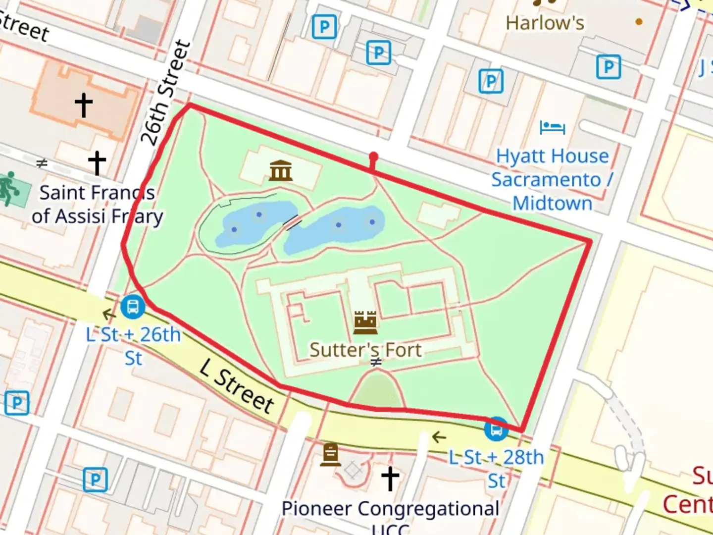 An image depicting the trail Sutter's Fort State Historic Park Loop and its surrounding area.