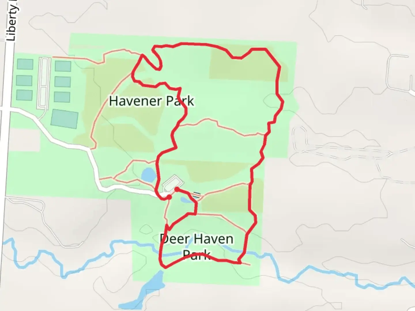 An image depicting the trail Havener Park Loop and its surrounding area.