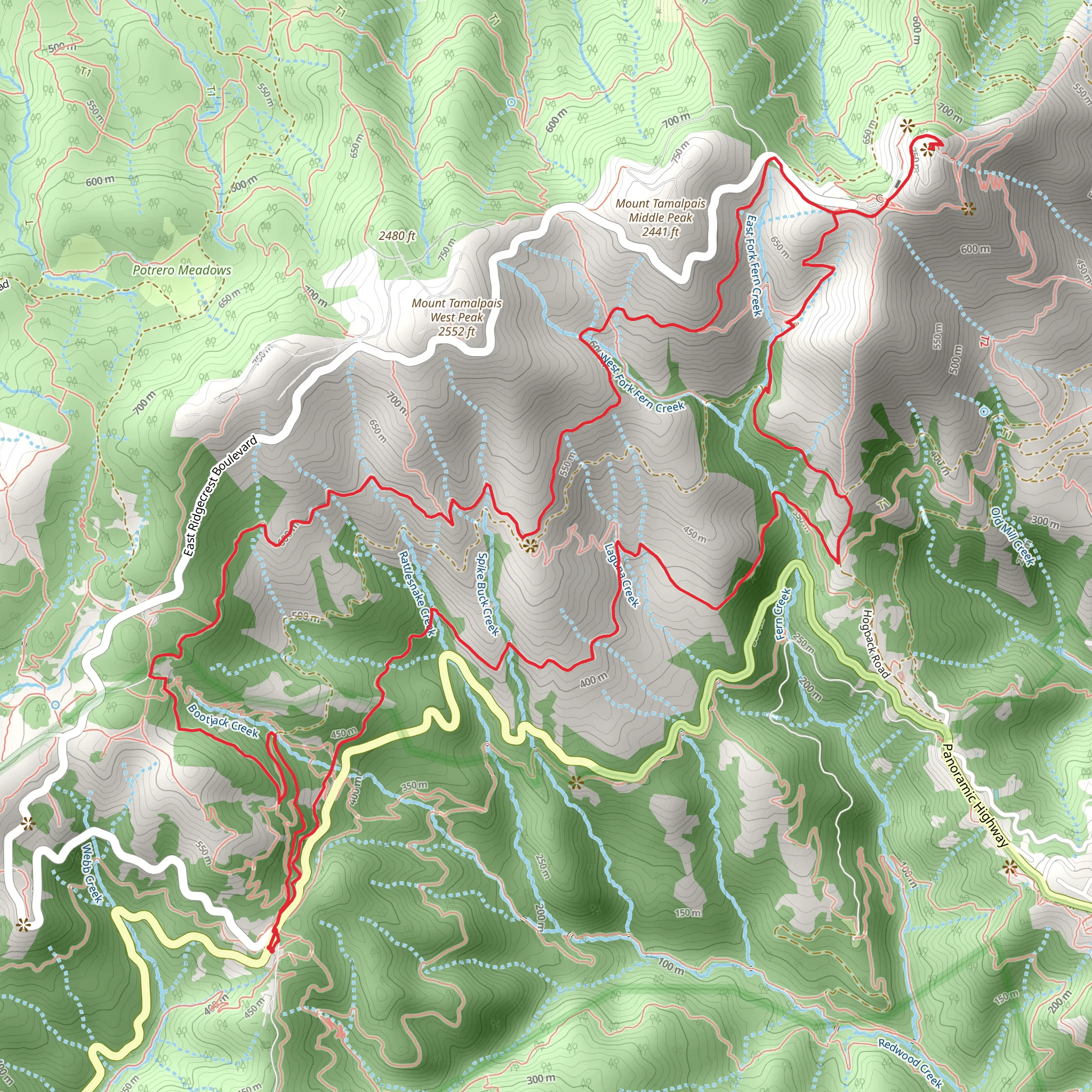 Mount Tamalpais East and West Peak via Matt Davis Trail and Rock Springs Trail mobile static map