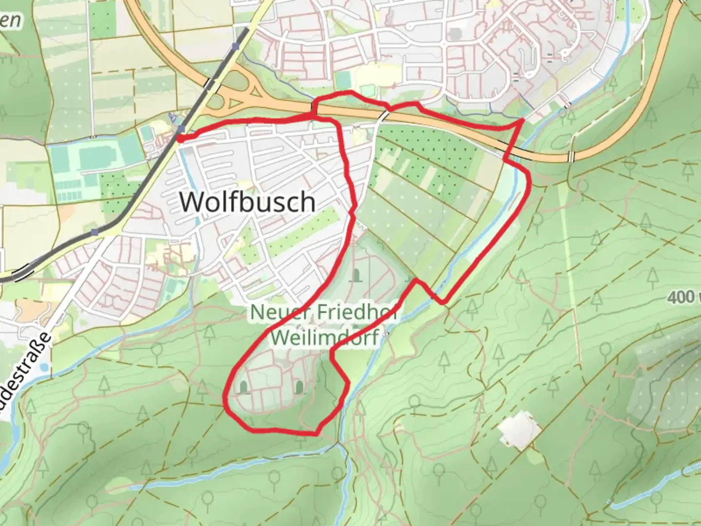An image depicting the trail Neuer Friedhof Weilimdorf and Wolfbusch Loop and its surrounding area.