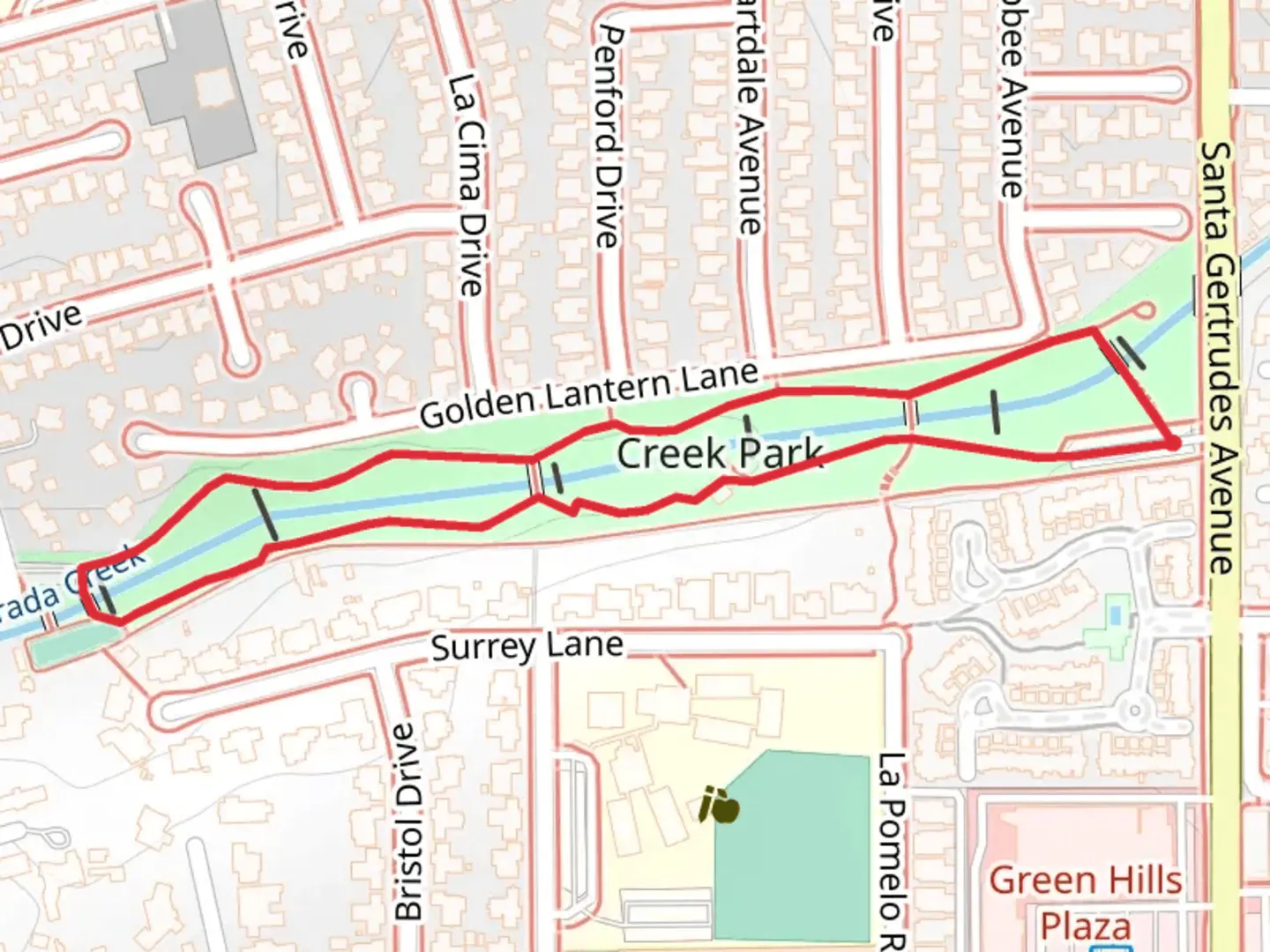An image depicting the trail La Mirada Creek Loop and its surrounding area.
