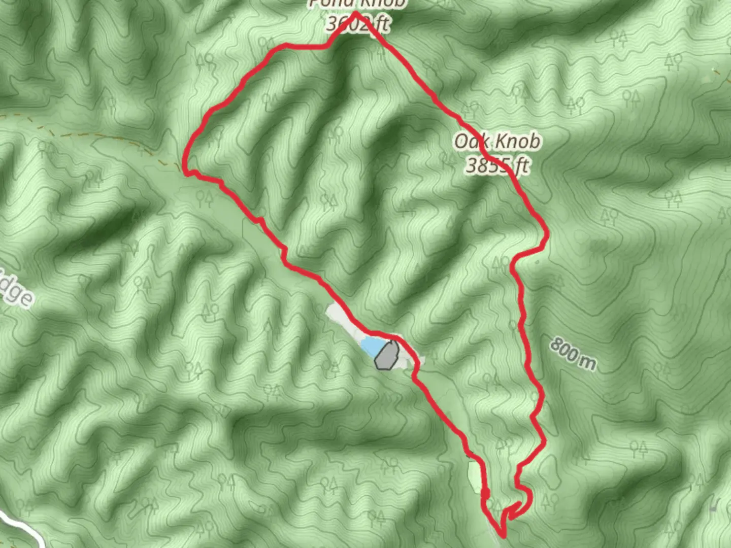 An image depicting the trail Hone Quarry, Pond Knob, Oak Knob and Cliff Loop Trail and its surrounding area.