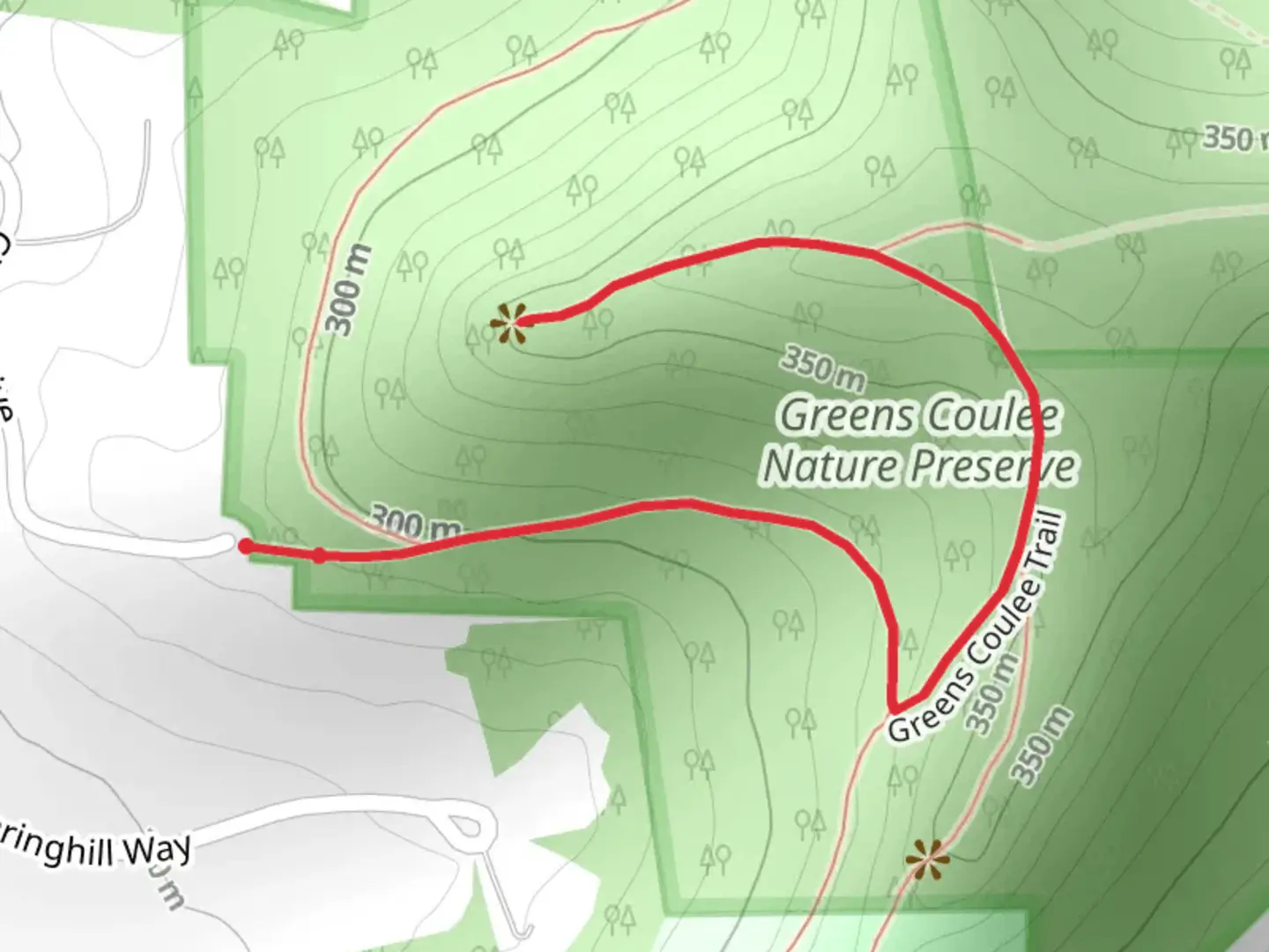 An image depicting the trail Greens Coulee Nature Preserve and its surrounding area.