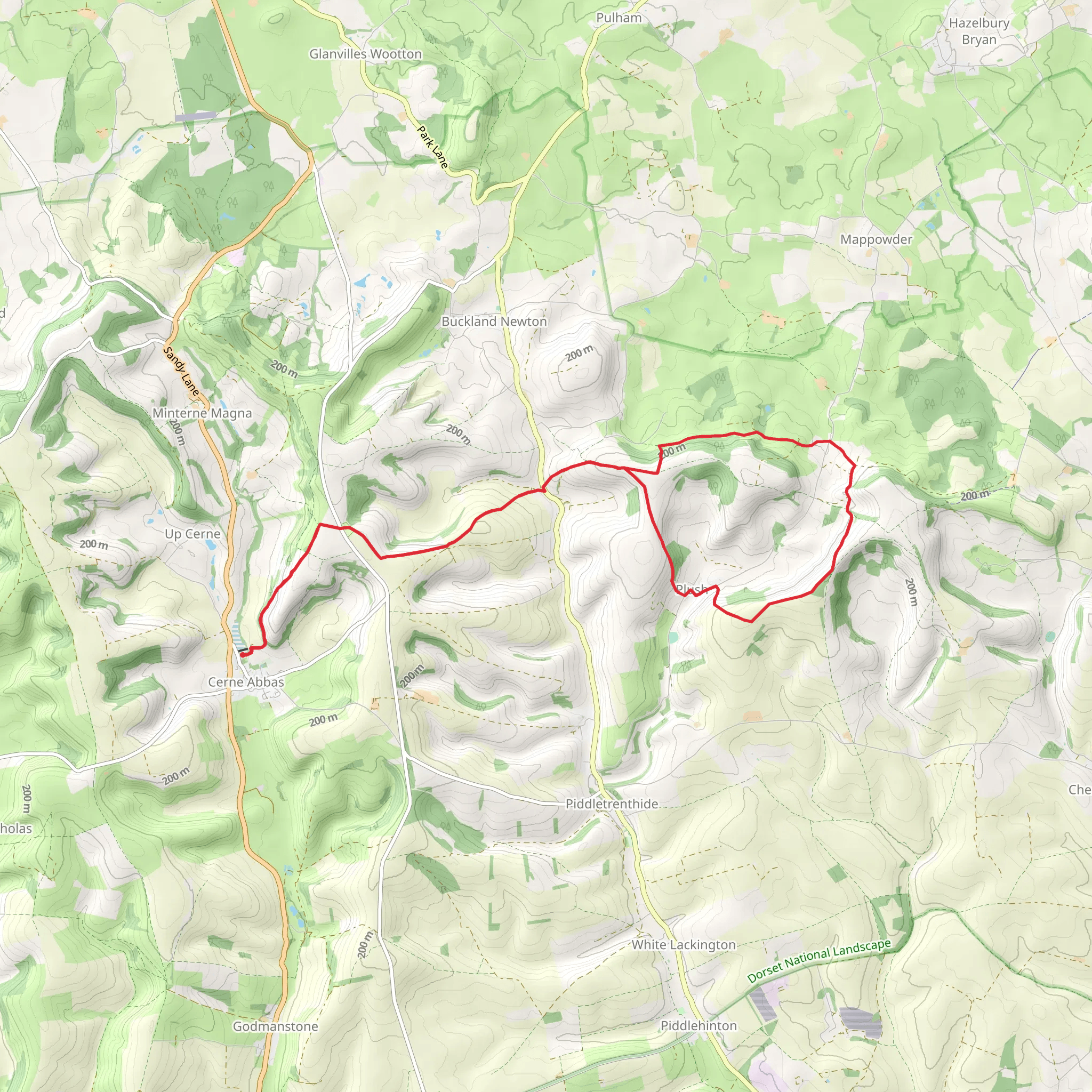 Cerne Abbas to Plush Loop Walk mobile static map