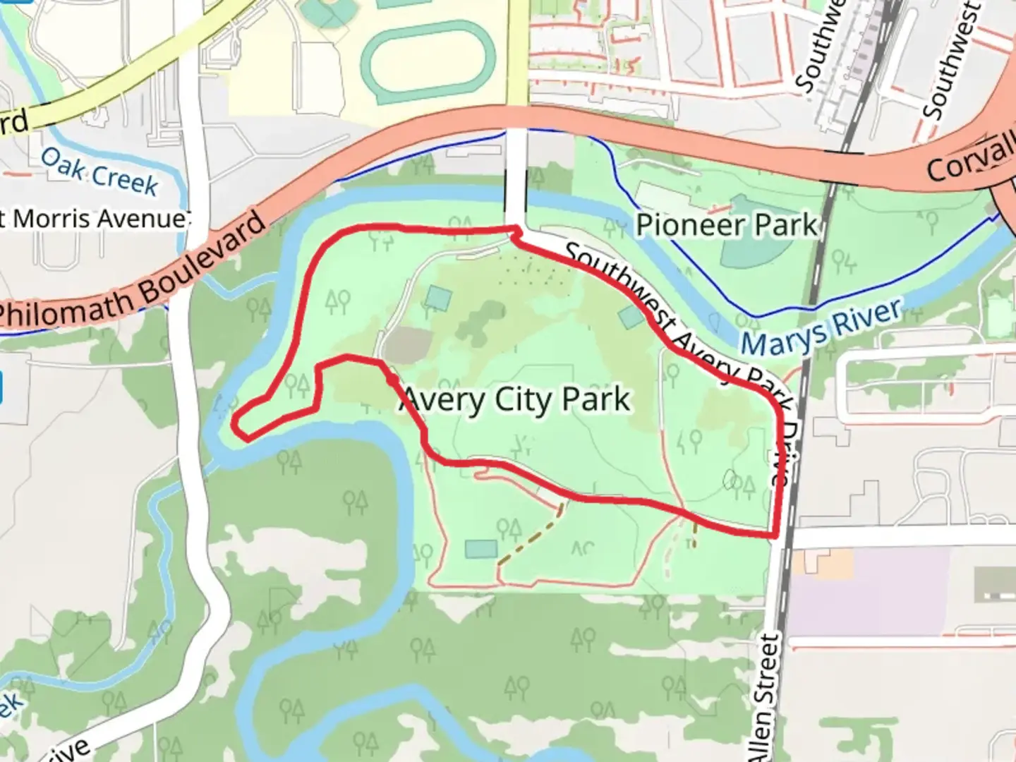 An image depicting the trail Avery City Park Loop and its surrounding area.