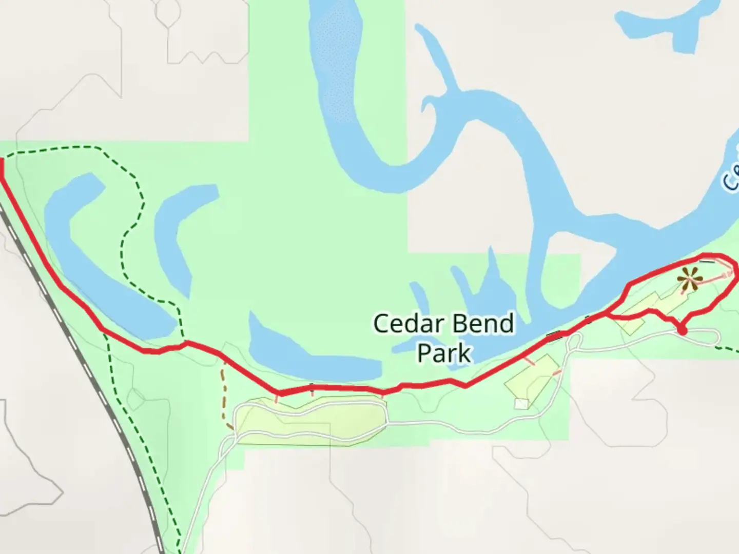 An image depicting the trail Cedar Bend Interpretive Trail Out and Back and its surrounding area.