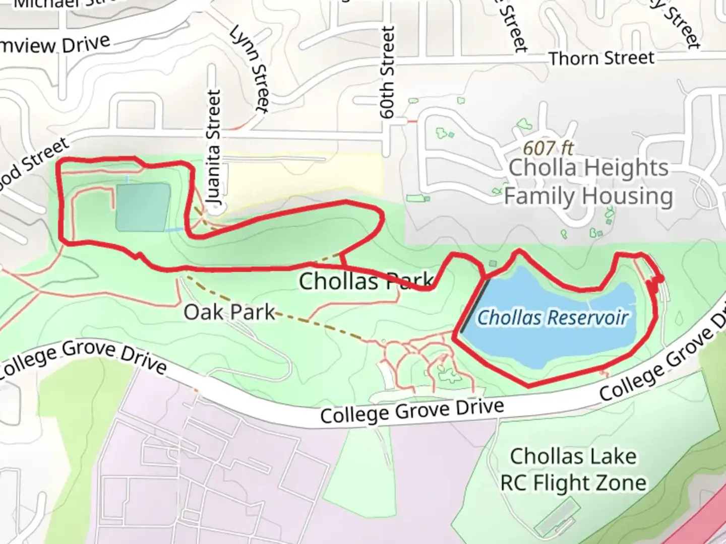 An image depicting the trail Chollas Reservoir Loop and its surrounding area.