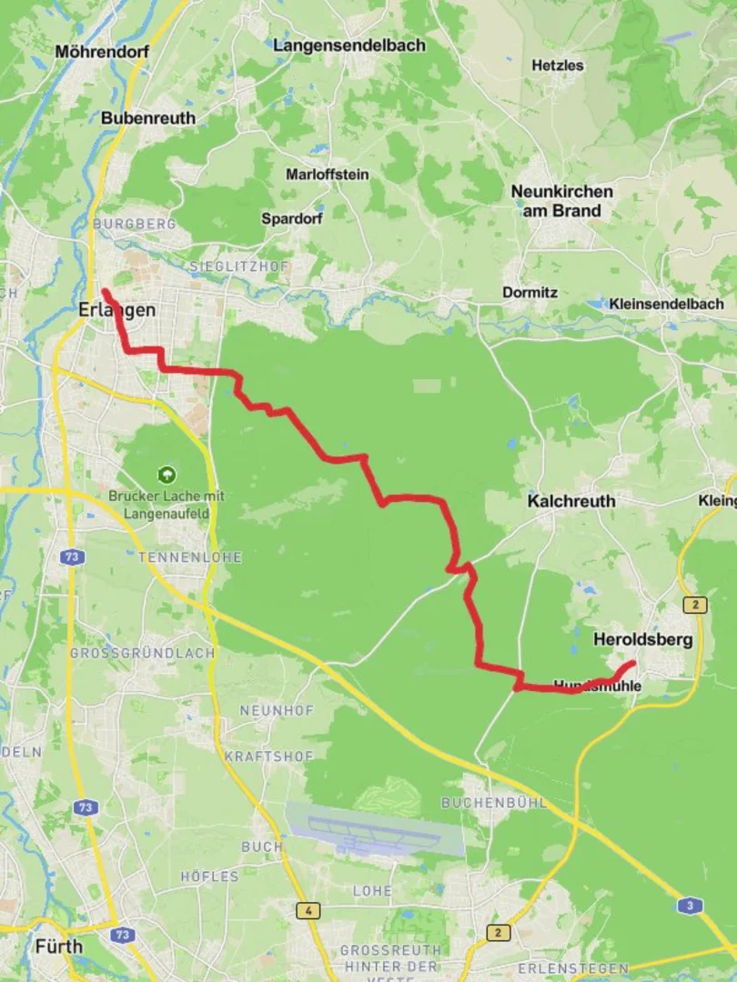 An image depicting the trail Heroldsberg to Erlangen Walk and its surrounding area.