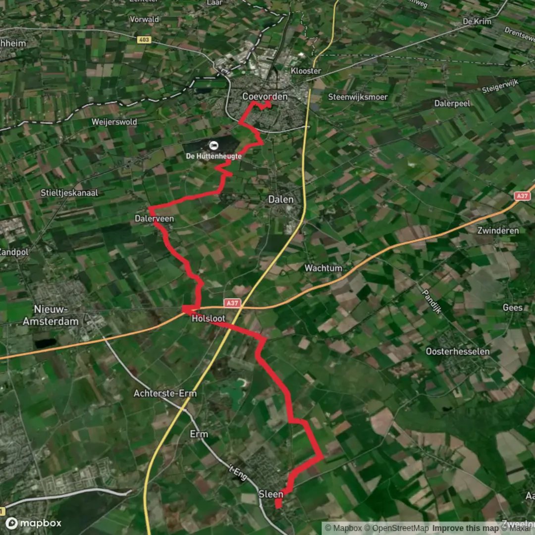An image depicting the trail Sleen to Coevorden via Pieterpad 1 and its surrounding area.
