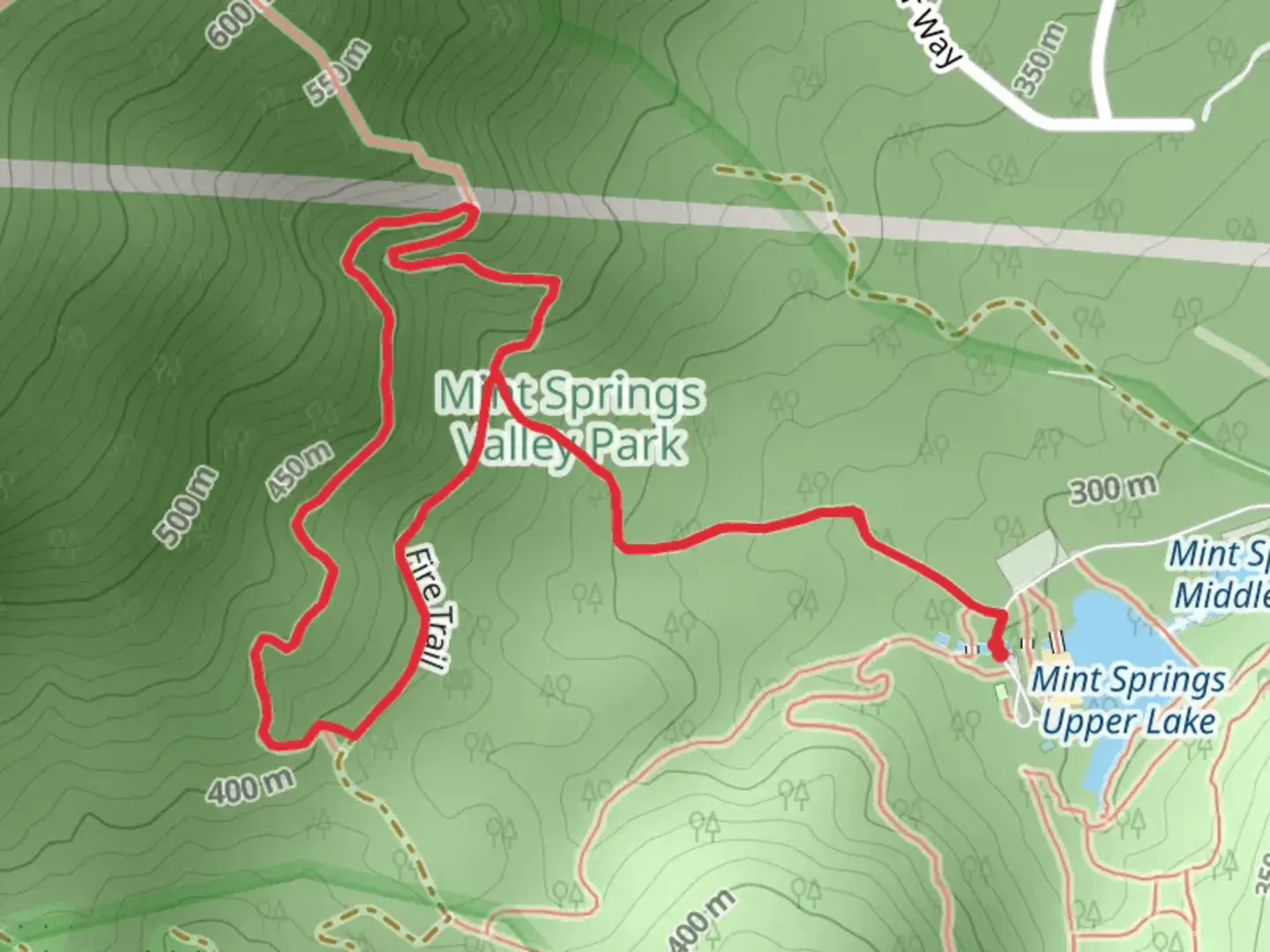 An image depicting the trail Fire Trail and Big Survey Loop Trail and its surrounding area.