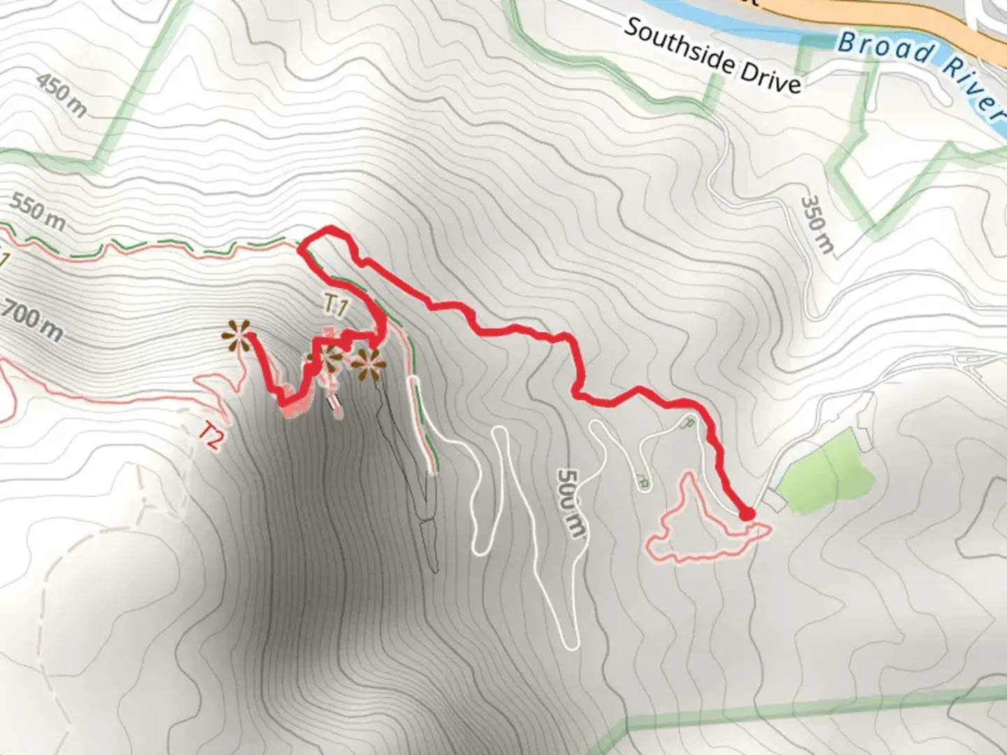 An image depicting the trail Chimney Rock Mountain via Four Seasons Trail and its surrounding area.