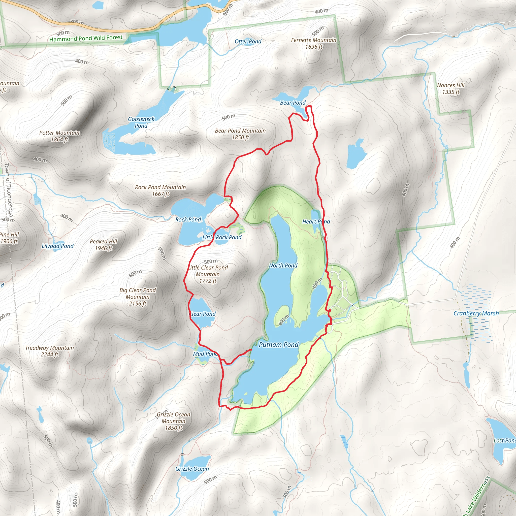 Putnam Pond, North Pond and Clear Pond Loop via Grizzle Ocean Trail mobile static map