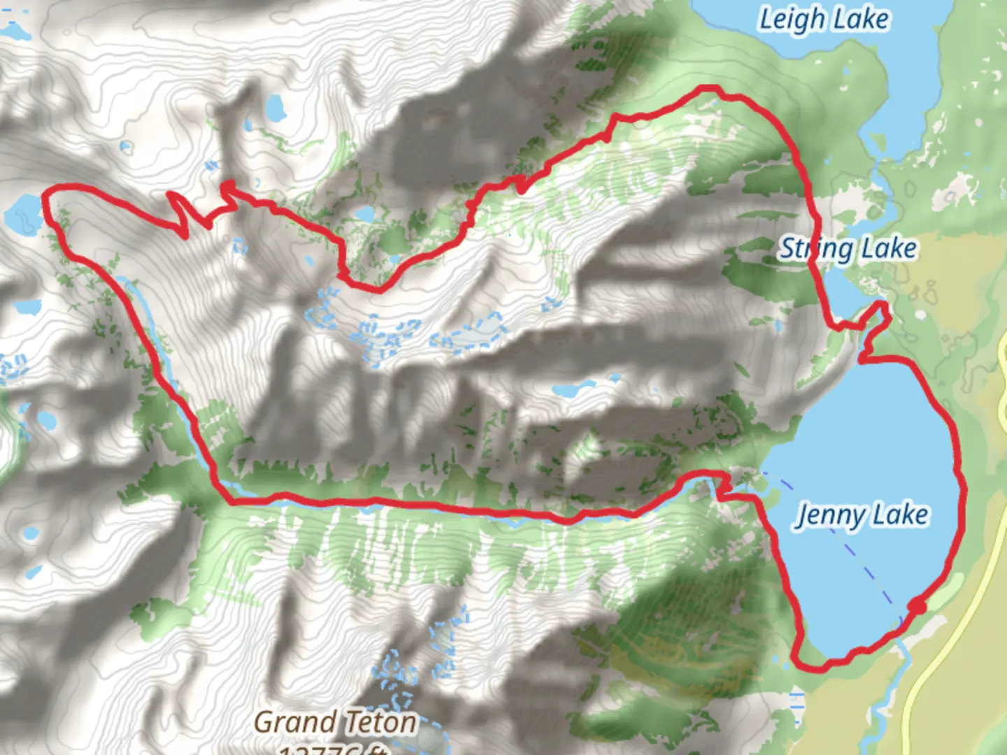 An image depicting the trail Jenny Lake, Teton Crest Trail and Cascade Canyon Trail and its surrounding area.