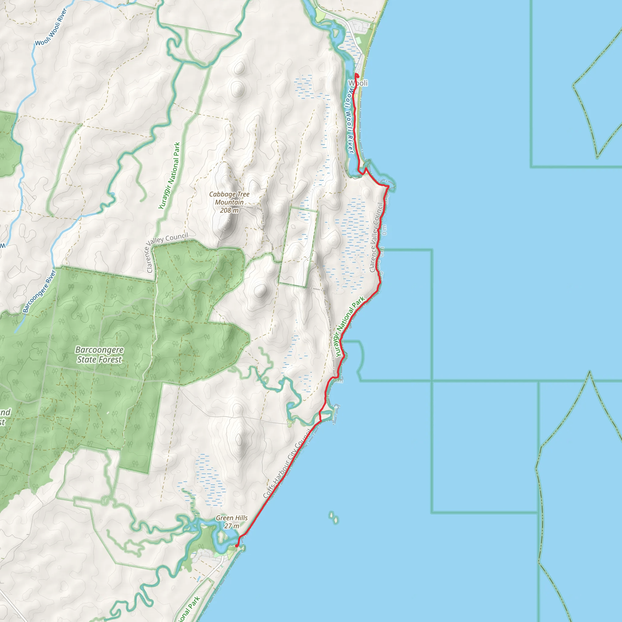 Wooli to Red Rock Track mobile static map