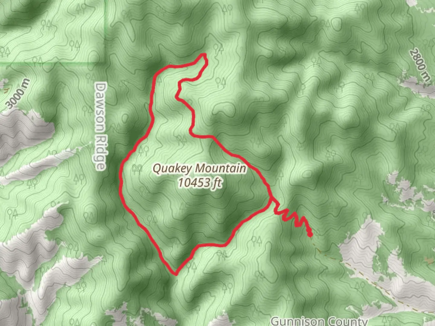 An image depicting the trail Quakey Mountain and Dawson Park Loop and its surrounding area.