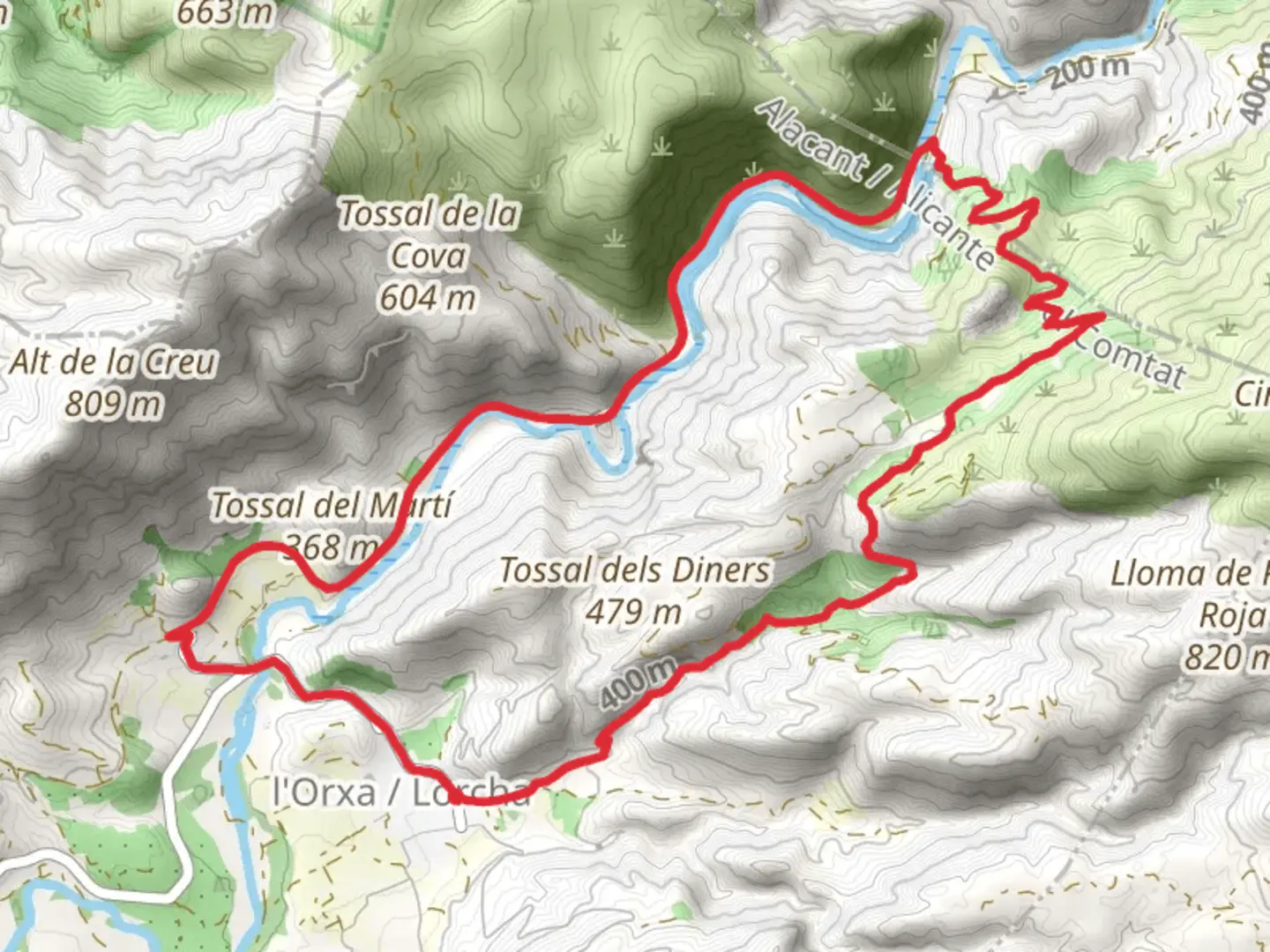 An image depicting the trail l'Orxa - Recreational Areas PR CV 207 and its surrounding area.