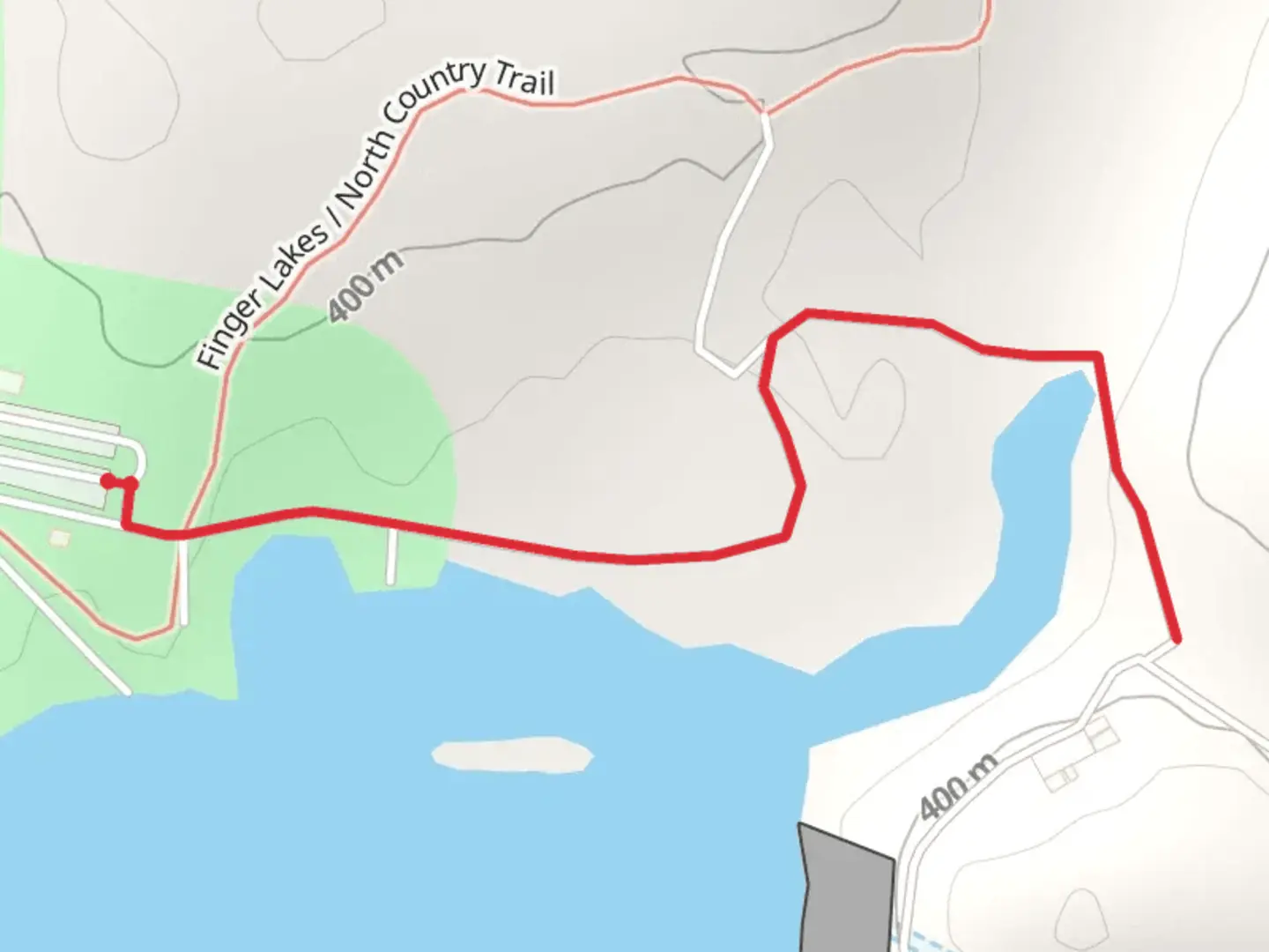 An image depicting the trail Almond Dam trail and its surrounding area.