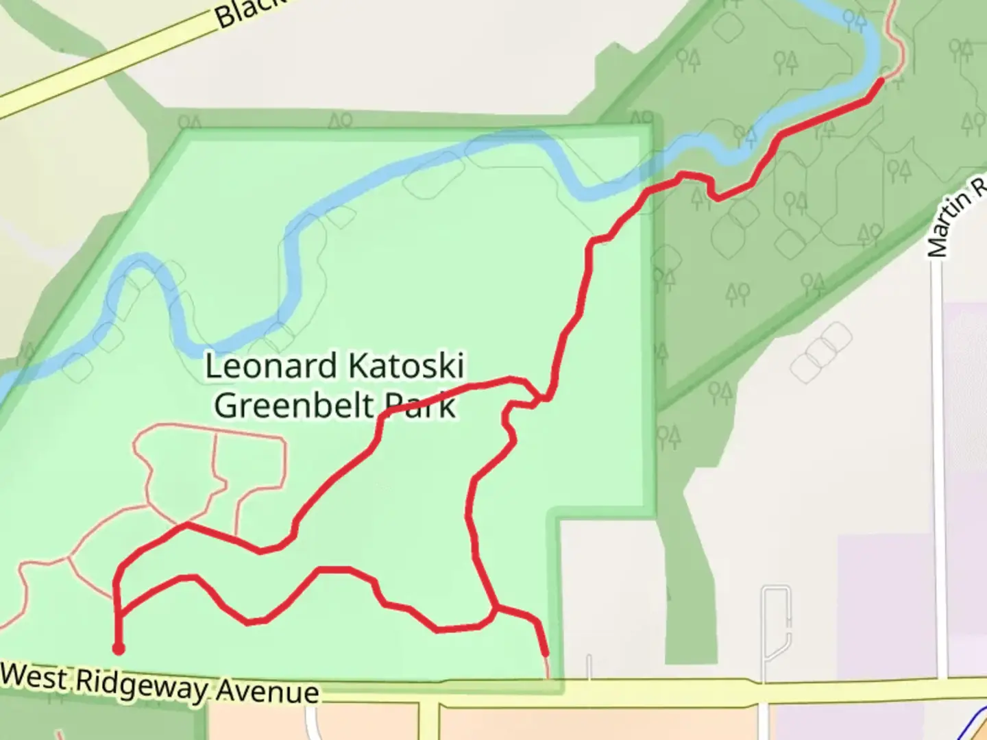 An image depicting the trail Leonard Katoski Greenbelt Park Loop - South and its surrounding area.
