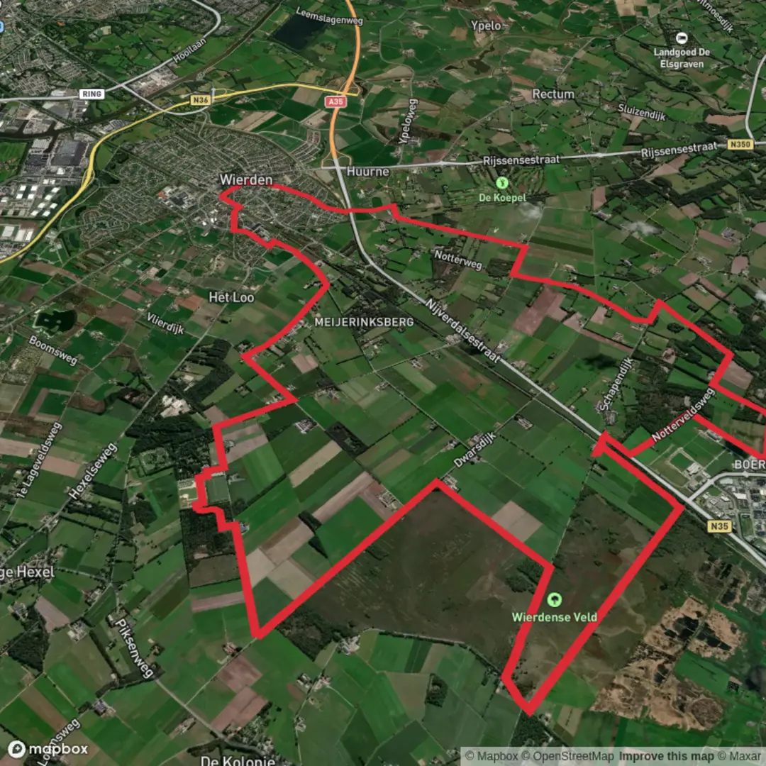 An image depicting the trail Vossenbos Weg, Wulpen Weg, Nottervelds Weg and Wittebelts Weg and its surrounding area.