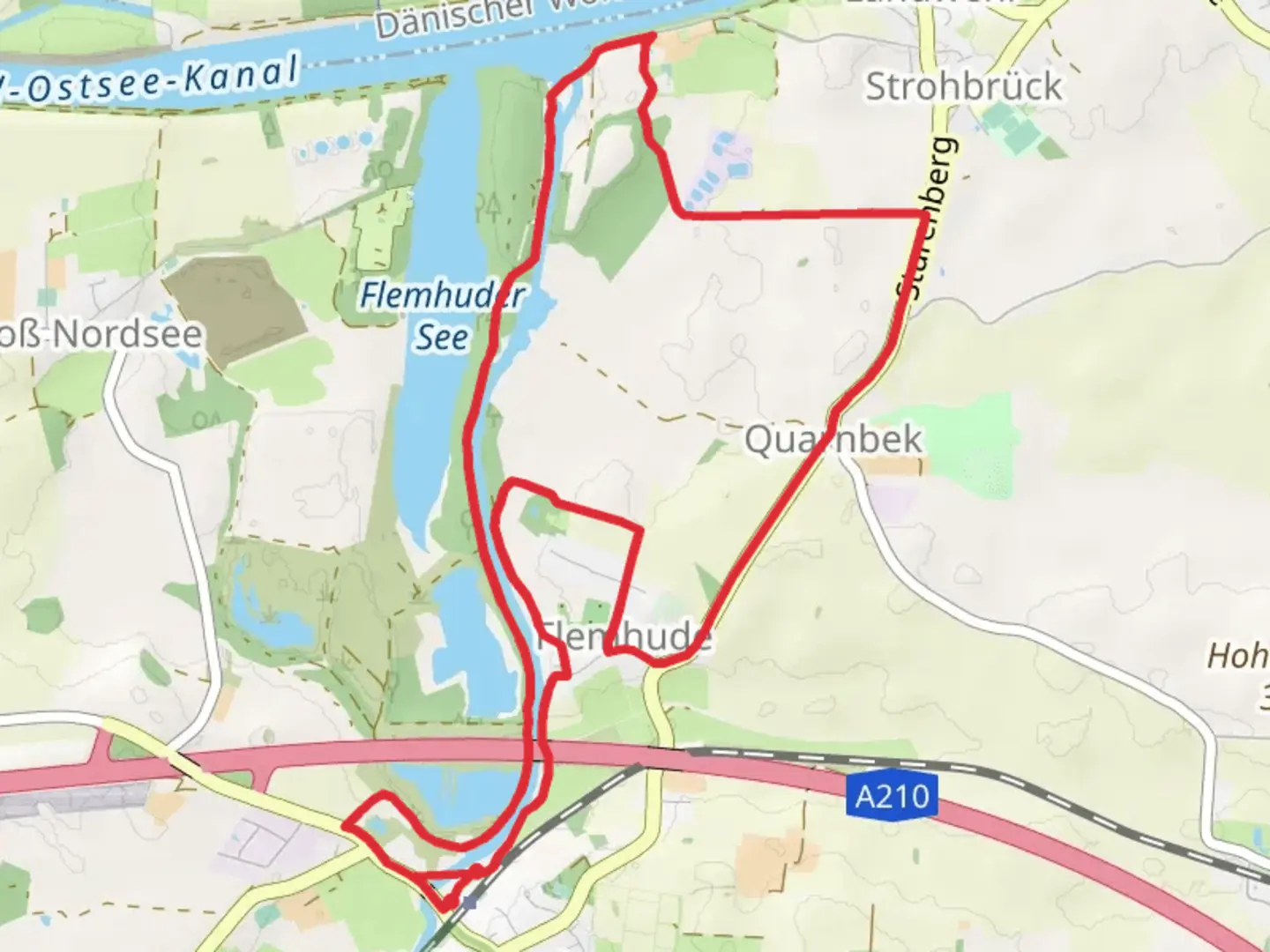 An image depicting the trail Achterwehrer Schifffahrtskanal via Holzkoppel and its surrounding area.