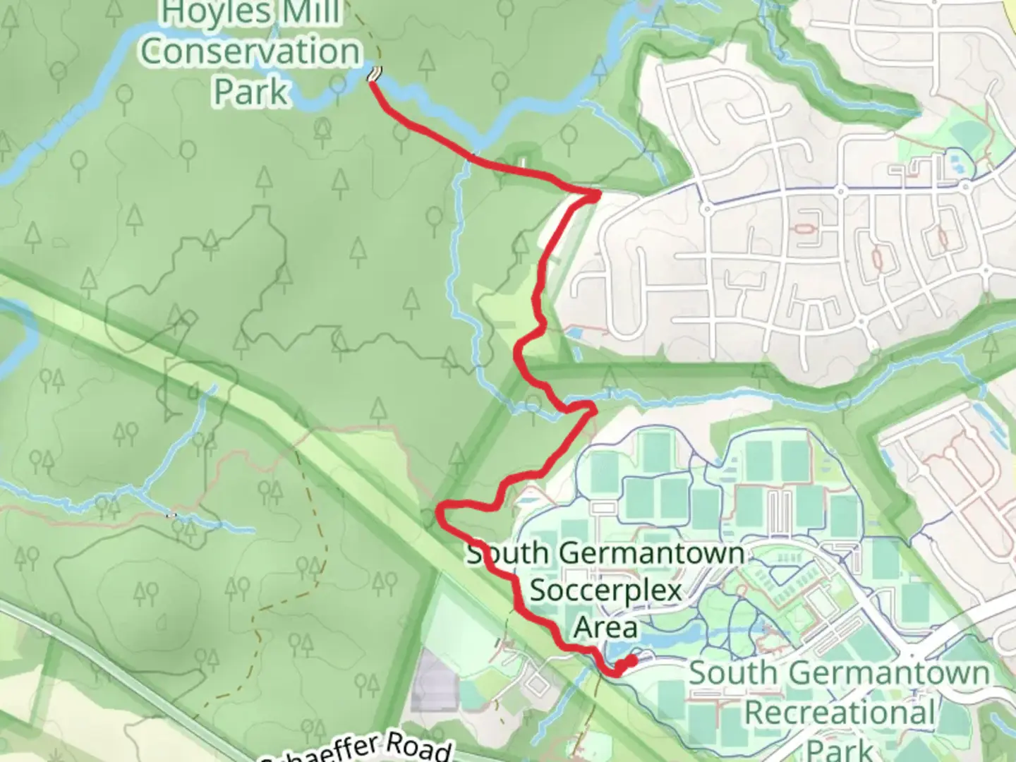 An image depicting the trail Hoyles Mill Trail from Central Park Pond and its surrounding area.