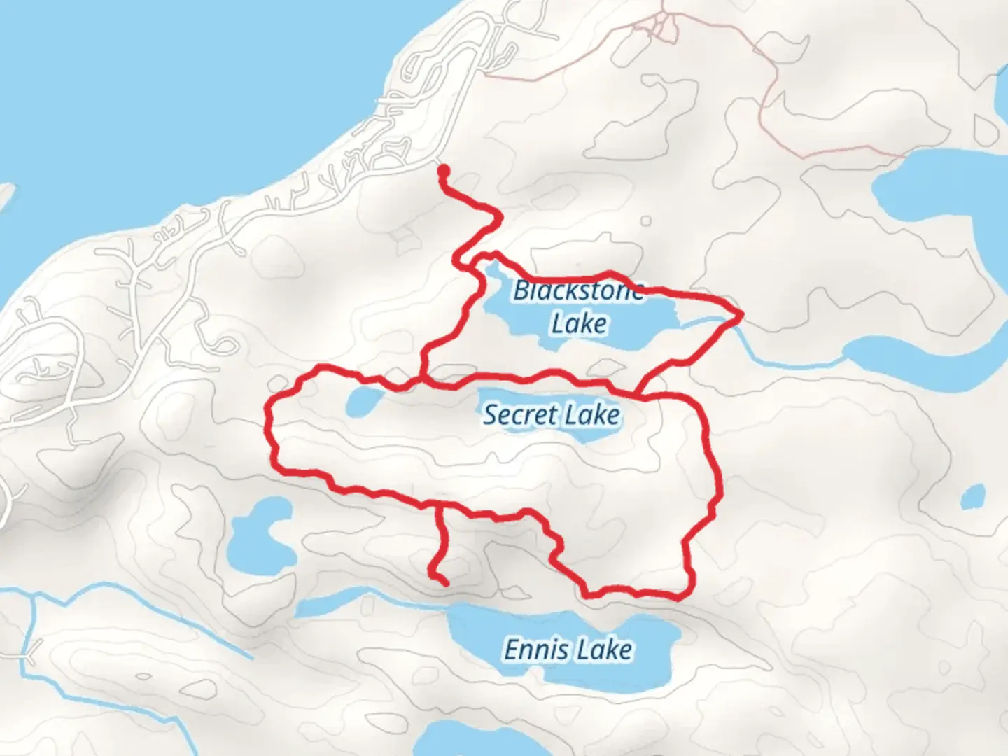 An image depicting the trail Secret Lake and Blackstone Lake Loop and its surrounding area.