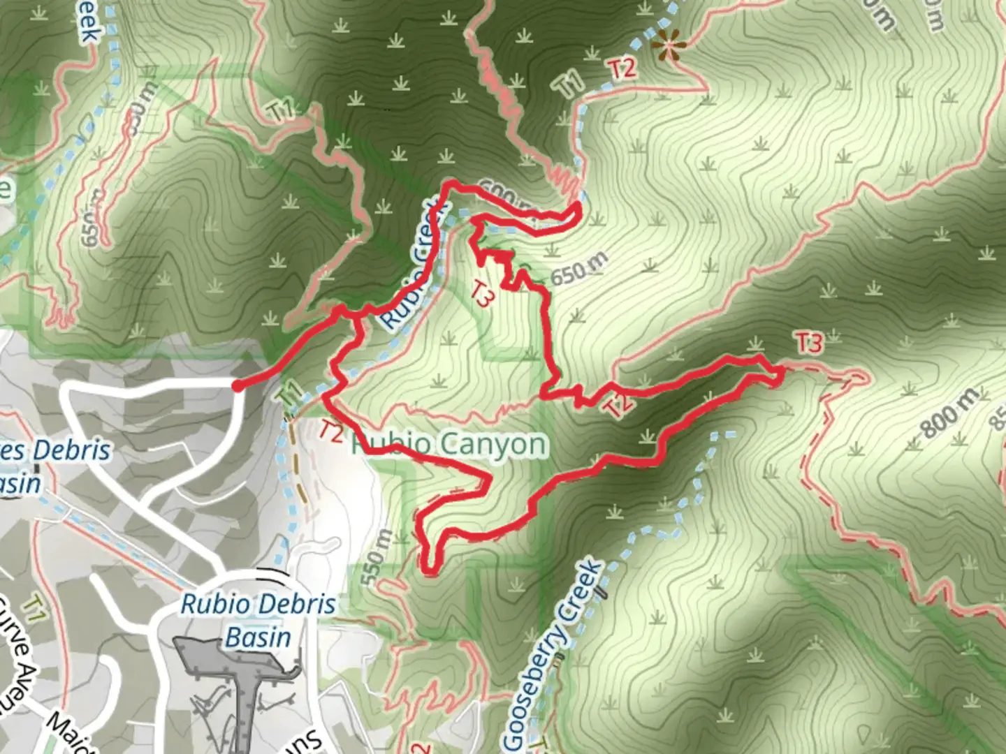 An image depicting the trail Rubio Canyon and Gooseberry Motorway Loop and its surrounding area.