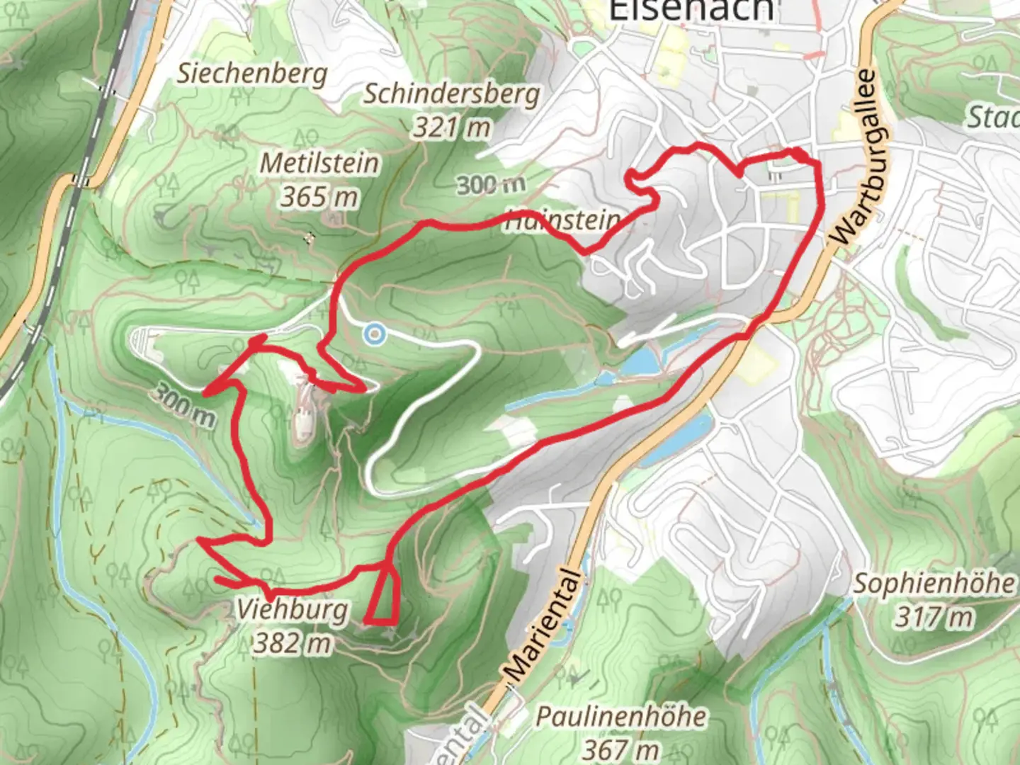 An image depicting the trail Eisenacher Burg and Wartburg Loop and its surrounding area.