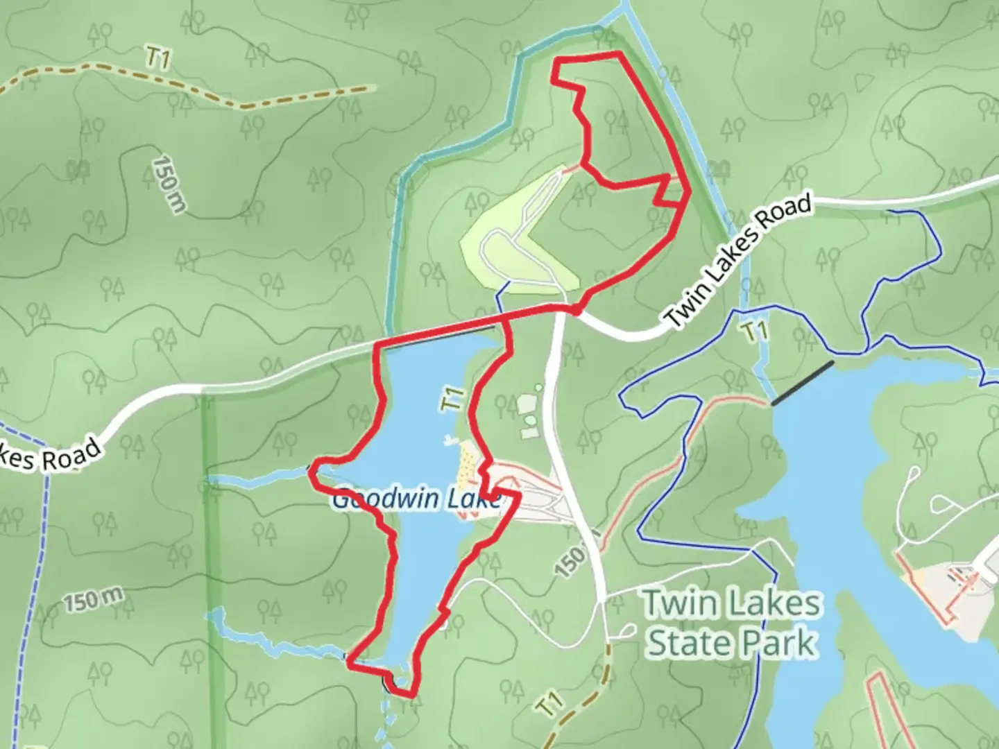 An image depicting the trail Goodwin Lake Trail and Dogwood Hollow Loop Trail and its surrounding area.