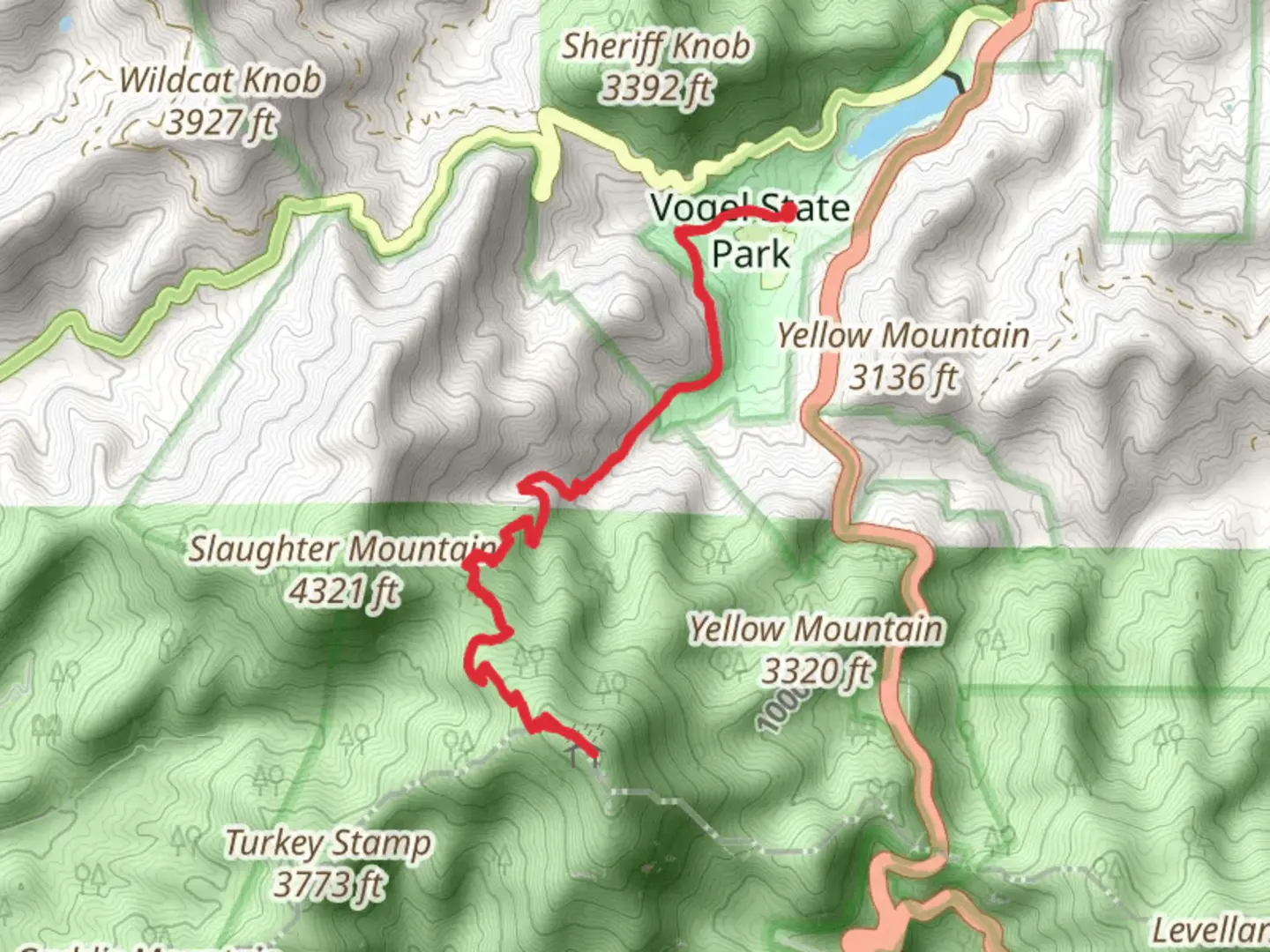 An image depicting the trail Blood Mountain via Coosa Backcountry Trail and its surrounding area.
