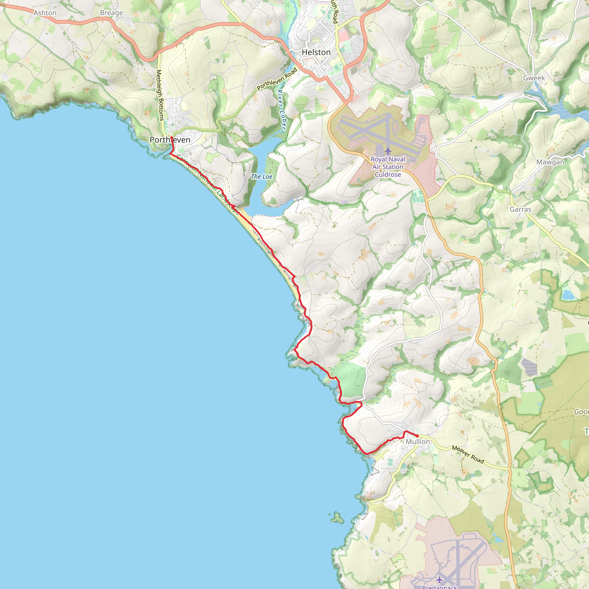 Porthleven to Mullion via Porthleven Sands, Loe Bar and Poldhu Cove mobile static map