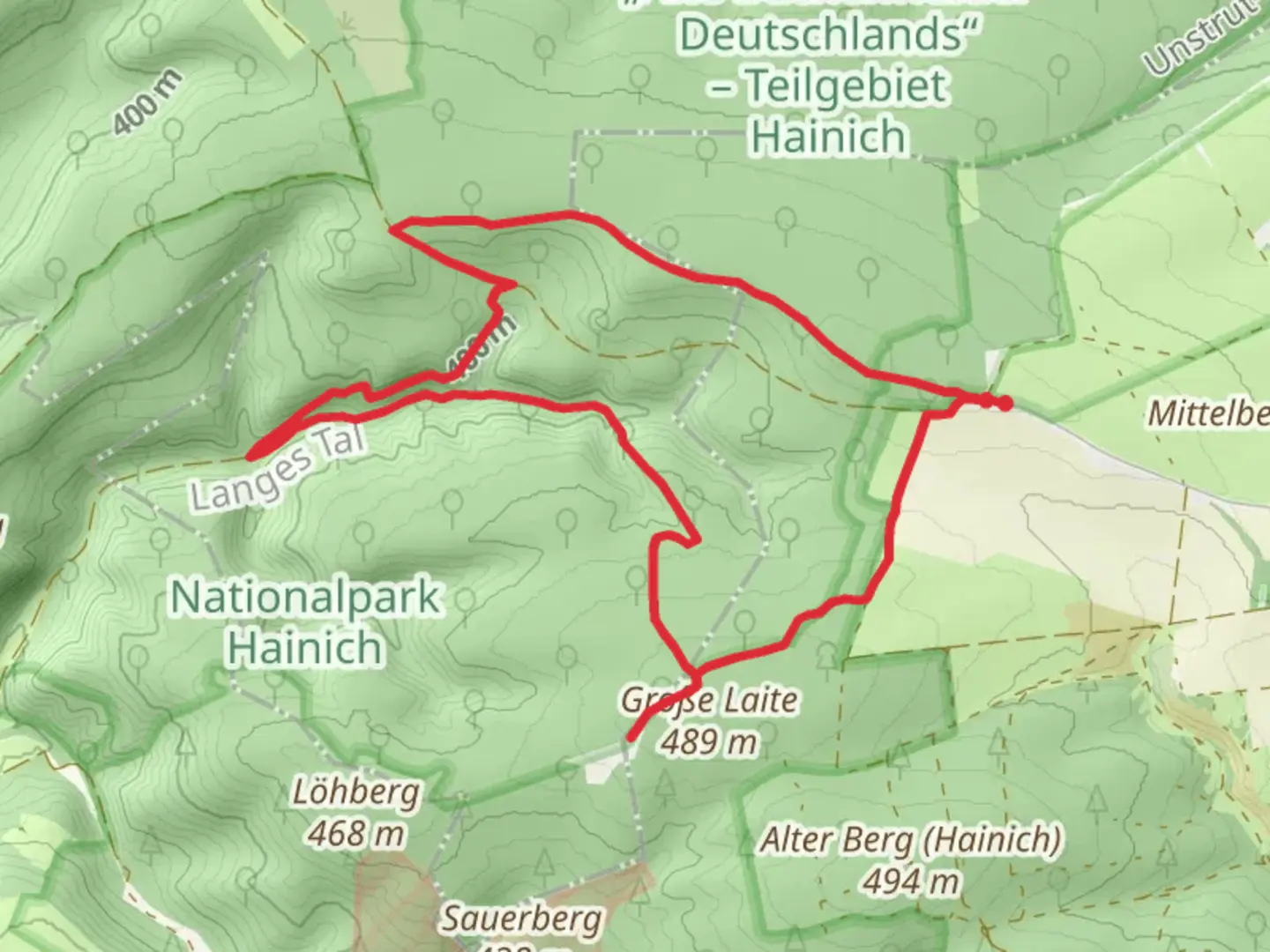 An image depicting the trail Wartburgblick via Welterbepfad and Craulaer Kreuz and its surrounding area.