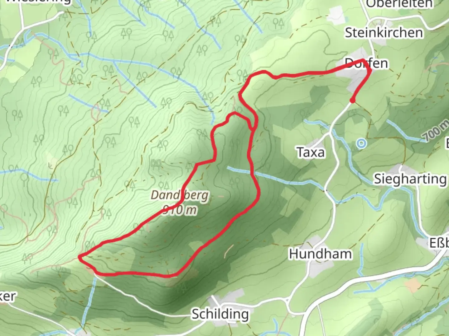 An image depicting the trail Dandlberg Loop via Dandlbergweg and its surrounding area.
