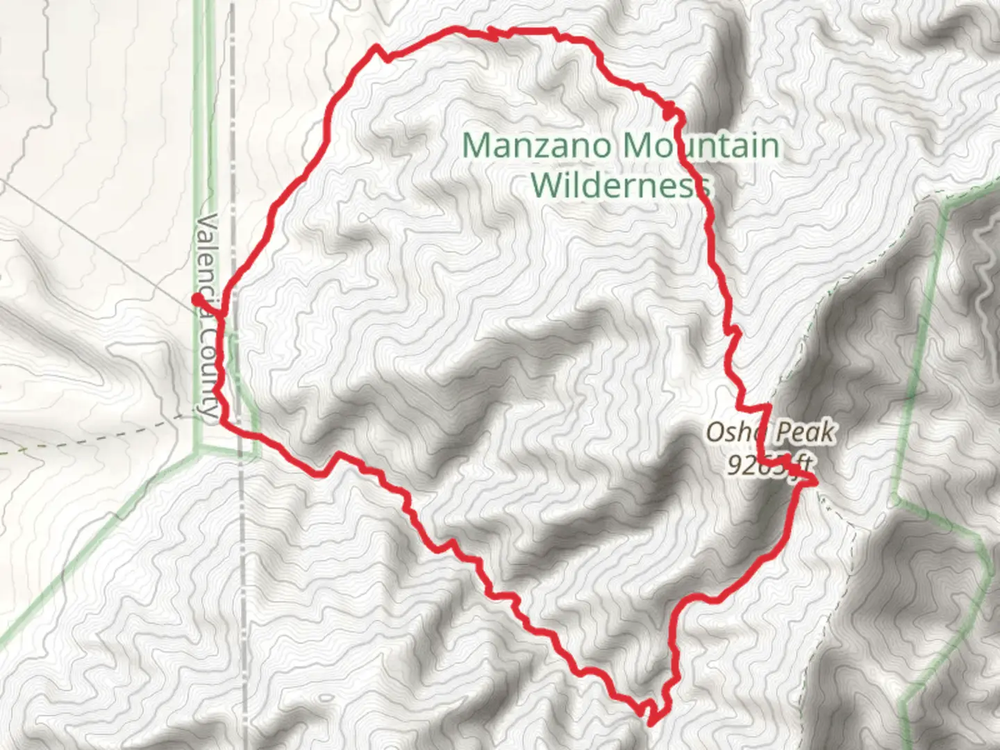 An image depicting the trail Osha Peak via Trigo Canyon Trail and Osha Loop Trail and its surrounding area.