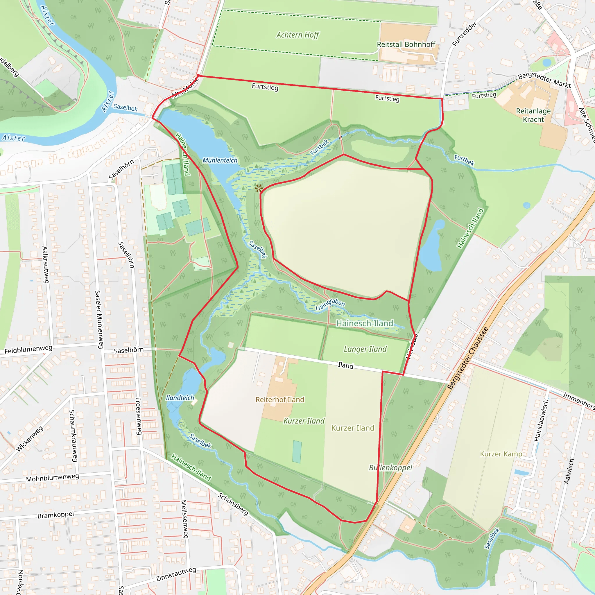 Mühlenteich and Ilandteich via Volksdorf Poppenbueettel mobile static map